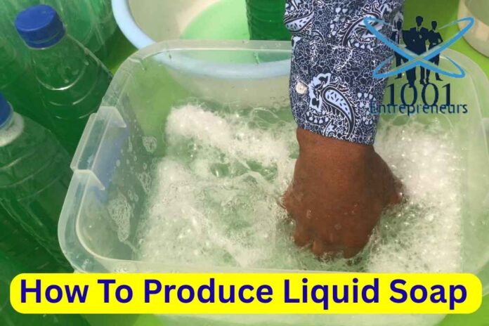 Hand mixing liquid soap in water